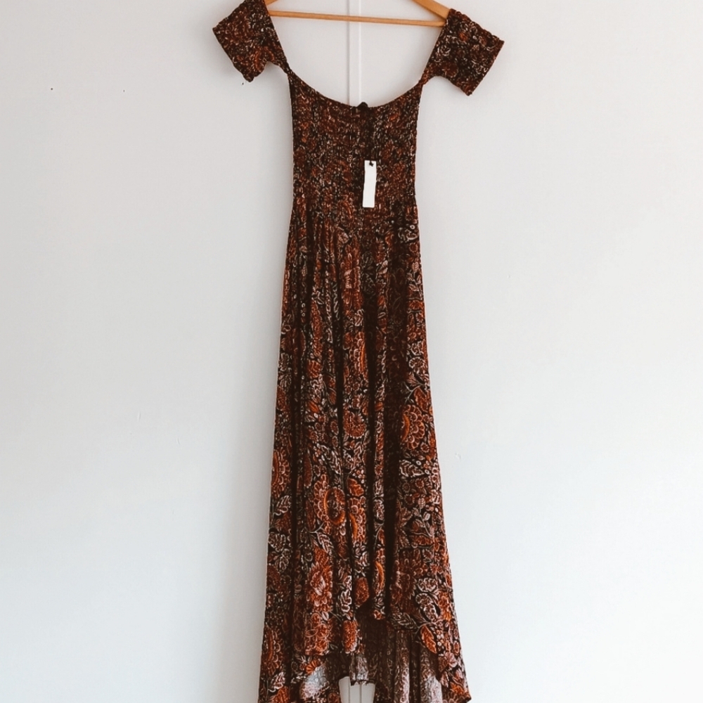 [ Vici Olivaceous Floral Off The Shoulder Smocked Desert Bohemian Maxi Dress ]